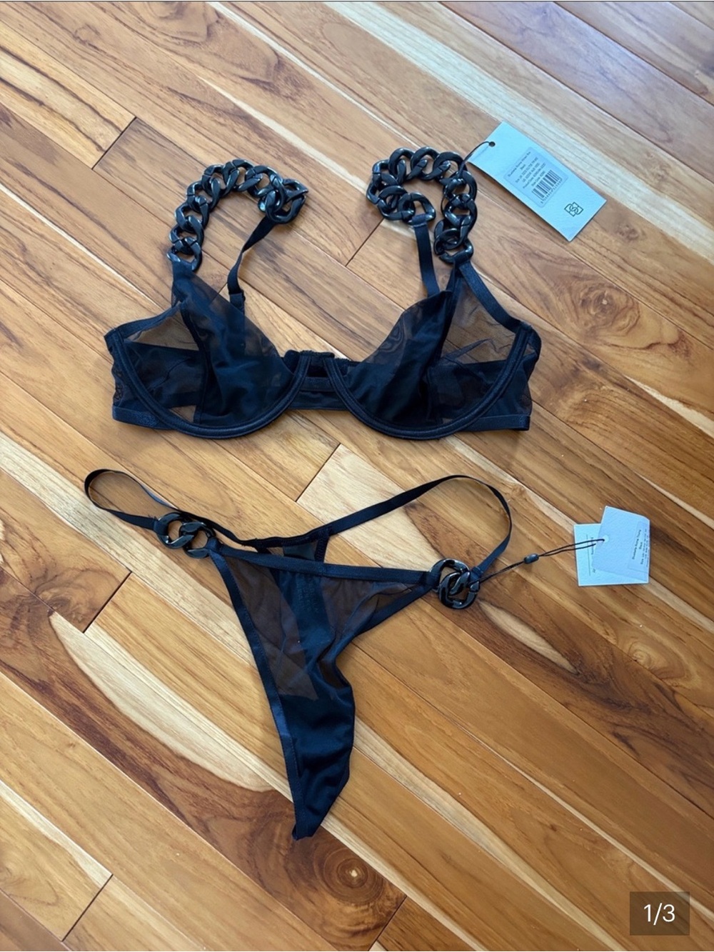 Bluebella Black Sheer Mesh Bra & Chain-Detail Thong Set